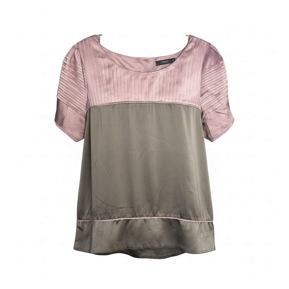 Theme Blouse Women Size M Pink‎ Gray Polyester Satin Pleated Top TM1326